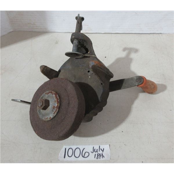 Hand-Operated Bench Grinder tool with wooden handle