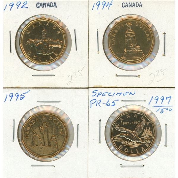 1992, 1994, 1995, 1997 Canada Proof Like Special One Dollars.