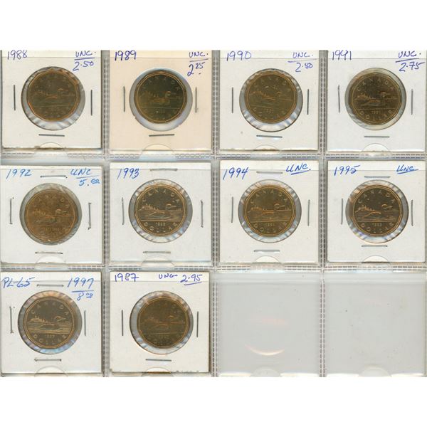 1987-1995, 1997 Canada Uncirculated Proof Like One Dollars.