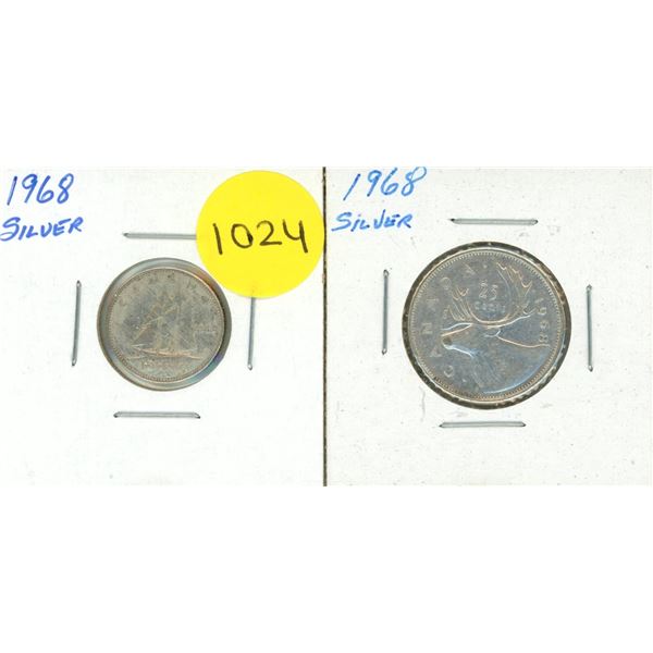 1968 Canada Silver 10 Cents and 25 Cents.