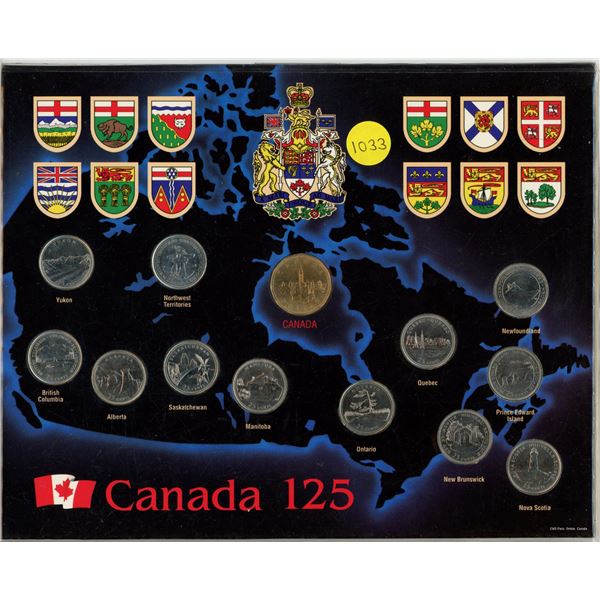 1992 Canadian 13-coin collector board set commemorating the 125th Anniversary of Confederation.