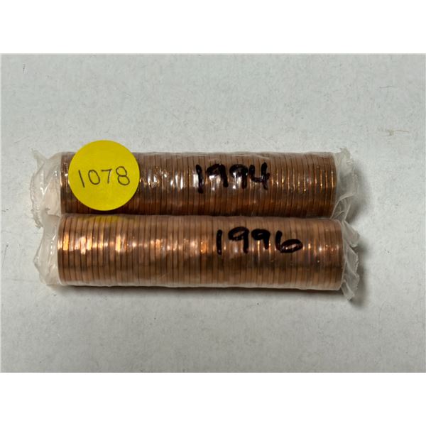 Roll of 1994 and 1996 Canada One Cents.