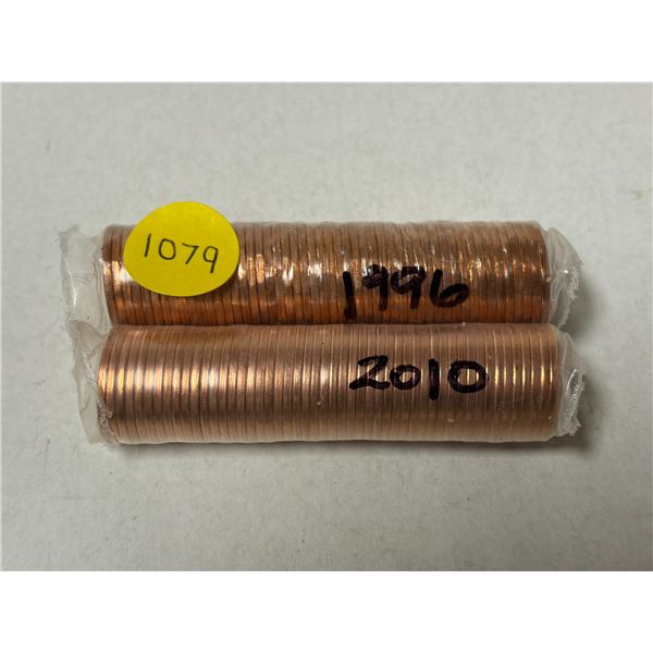 Roll of 1996 and 2010 Canada One Cents.