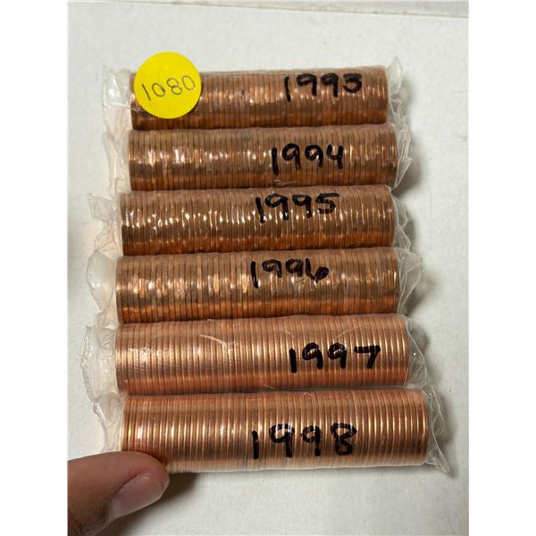 Roll of 1993-1998 Canada One Cents.