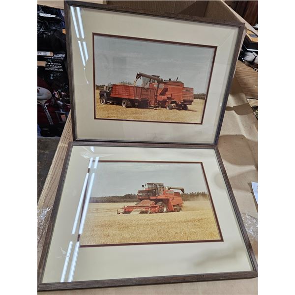 2 framed prints of combines during harvest