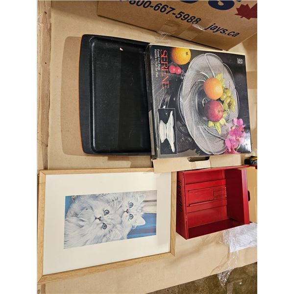 Lot of assorted household items cooking trays , fruit plate, cat prints framed, and a vintage produc