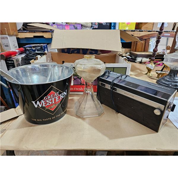 Lot of assorted items vintage glass pedestal oil lamp, vintage digital clock radio, plant stand, Gre