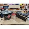 Image 1 : Lot of assorted items vintage glass pedestal oil lamp, vintage digital clock radio, plant stand, Gre