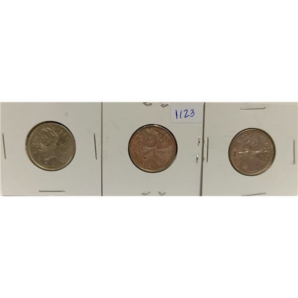 (3) 1968 Canada 25cents (possible 50% percent Silver (non-magnetic)