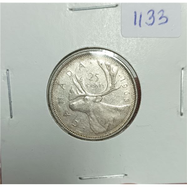 1963 Canadian Silver 25 Cents Coin
