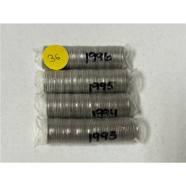Roll of 1993, 1994, 1995, 1996 Canada 10 Cents.