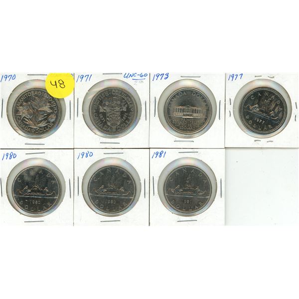 1970, 1971, 1973, 1977, (2) 1980, 1981 Canada One Dollars.