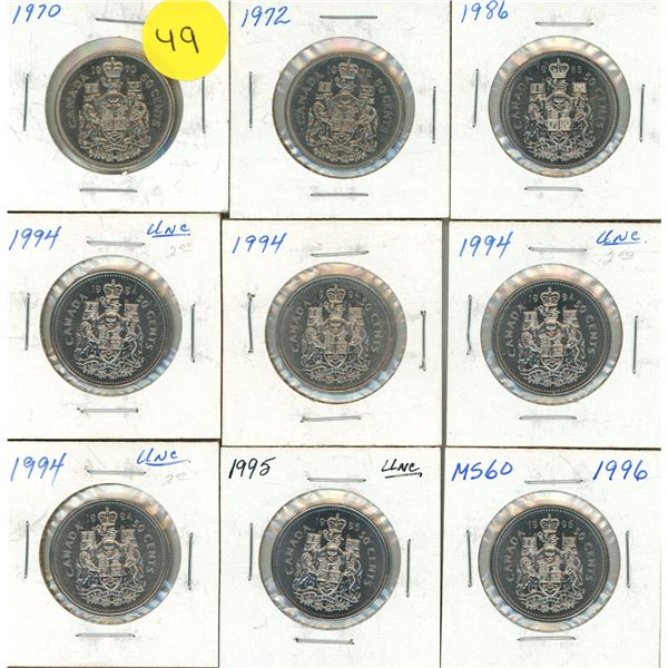 1970, 1972, 1986, (4) 1994, 1995, 1996 Canada 50 Cents.