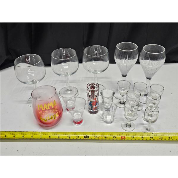 Lot of Asst. Glassware.  Wine Glasses, Shot Glasses, etc.