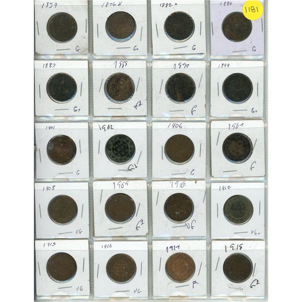 Sheet of Different Years of Canada Large One Cents. (Total 20 Coins)
