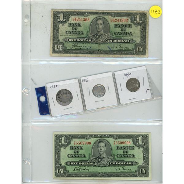 (2) 1937 Canada One Dollar, 1937 Canada Silver 25 Cents, Silver 10 Cents and 5 Cents (Dot after 7).