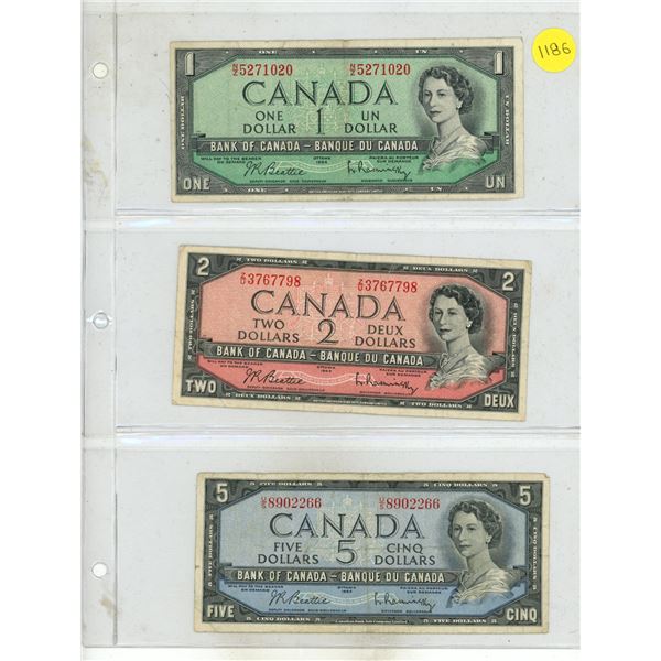 1954 Canada One, Two, and Five Dollars.