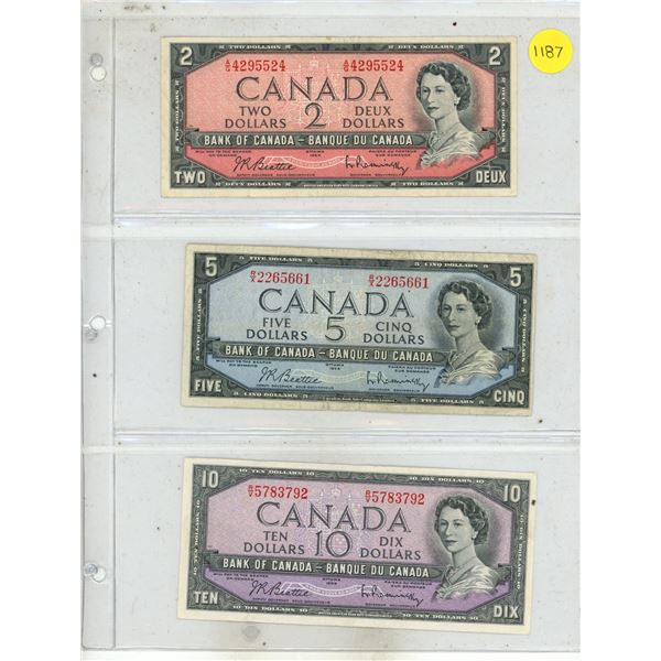 1954 Canada Two, Five and Ten Dollars.