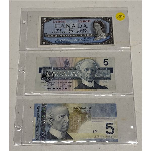 1954 (Uncirculated), 1986 and 2006 Canada 5 Dollars.