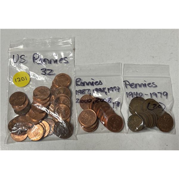 Bags of U.S.A AND Canada Pennies. (See Bag In Photo For More Detail)