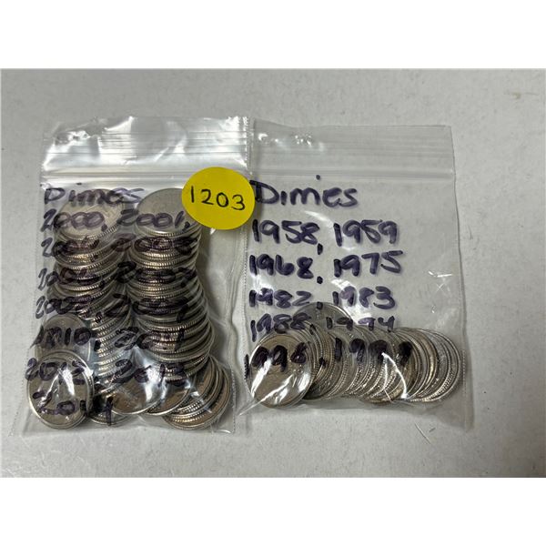 Bags of Canadain 10 Cents (It Includes 1958 and 1959 Canadian Silver 10 Cents) (See Bags In Photo Fo