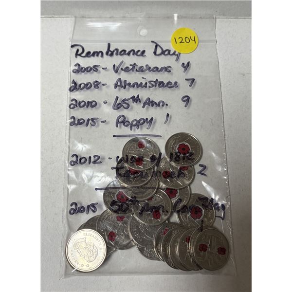 Bag contains a collection of Canadian 25-cent coins commemorative of Remembrance Day and Canadian hi