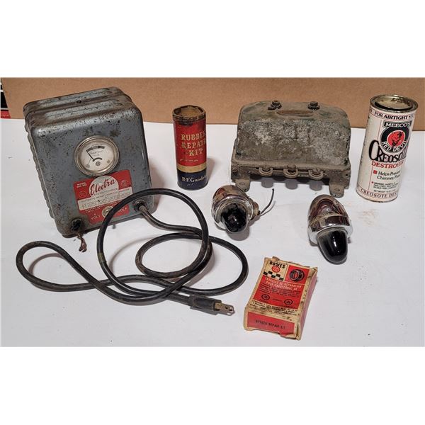 VTG Variety Lot w/ Rubber Repair Kit, Motorcycle Bullet Lights, Automatic Overload Breaker, & More