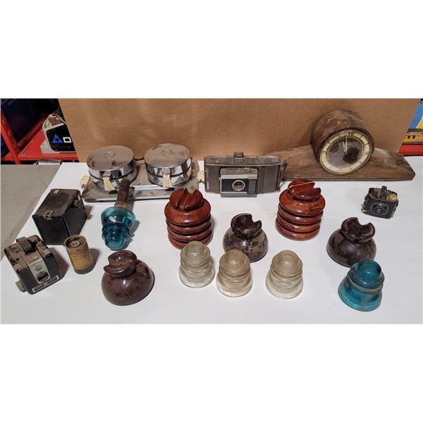 VTG Variety Lot w/ Cameras, Insulators, Mantle Clock, & More
