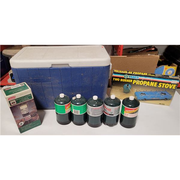 Camping Lot w/ Coleman Lantern, Coleman Cooler, Propane, & Propane Stove