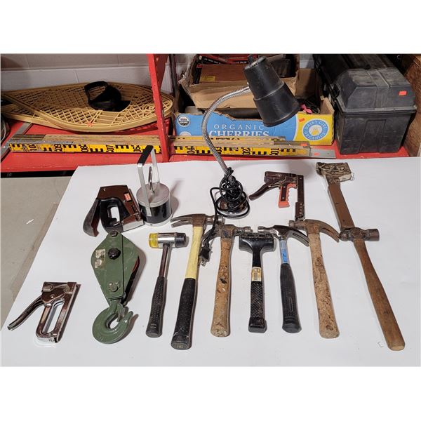 Lot of Assorted Tools w/ Staplers, Hammers, Pulley Block, & More