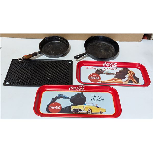 2 Coca-Cola Serving Trays and Casket iron Skillets and Grill