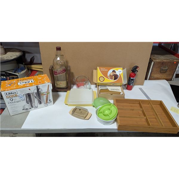 Serving lot, Bartenders Kit, Johnnie Walker Red Label Bottle with easy pour stand, and cutlery tray