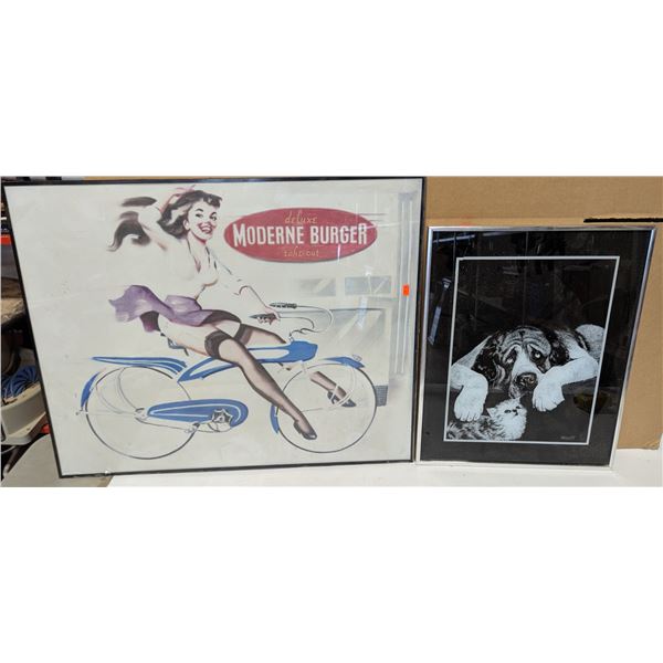 Glass Modern Burger Sign and Dog and Cat Wall Art (crack in glass)