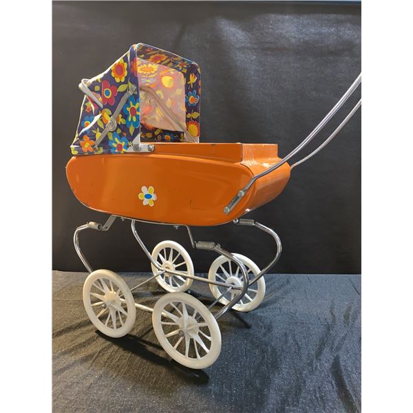 1960s Orange Tin Toy Baby Carriage