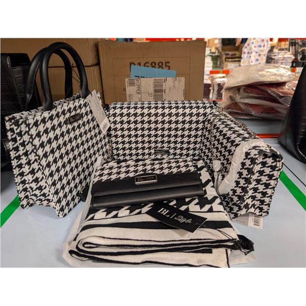 LOT DE 4 SACS À MAIN ET PORTEFEUILLES BL|STYLE ASSORTIS AVEC FOULARDS ASSORTIS (PIED-DE-POULE NOIR E
