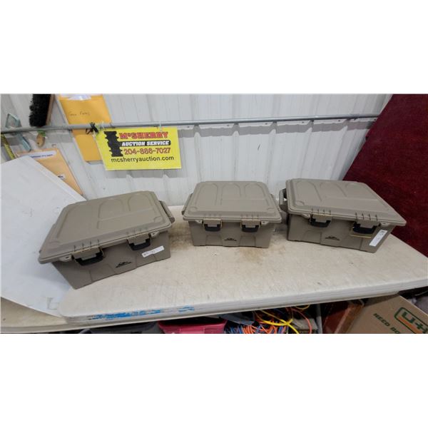 Three Plano 1712 Field Boxes in Tan with Heavy-Duty Latches and Brass Pins