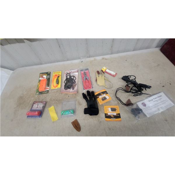 Archery Accessories Lot: Broadhead Sharpener, Lansky Sharpener, Bow Stringer, and More