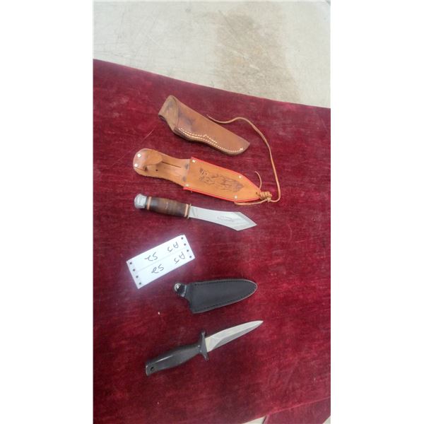 Two Fixed-Blade Knives with Leather Sheaths, Hunting Knife and Tactical Dagger and More
