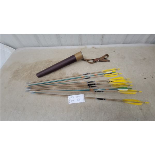 Set of Wooden and Fiberglass Archery Arrows with Yellow Fletching and Leather Quiver