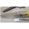 Image 3 : Set of Wooden and Fiberglass Archery Arrows with Yellow Fletching and Leather Quiver