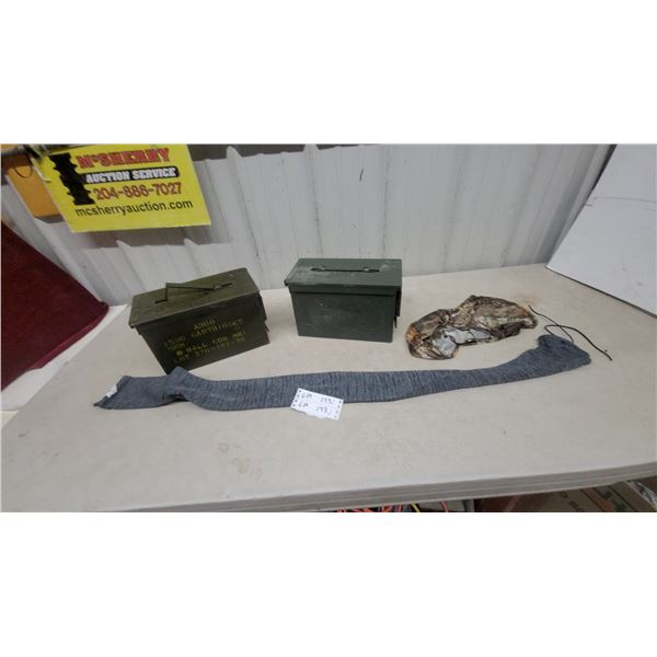 2 Ammo Cans 7 x 12 x 6" Including 1976 Canadian MK1 9mm, Gun Sock, and Camouflage Balaclava