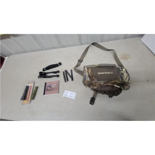 Herter's Camouflage Hunting Shoulder Bag with Shell Loops, Bipod, Game Call and More