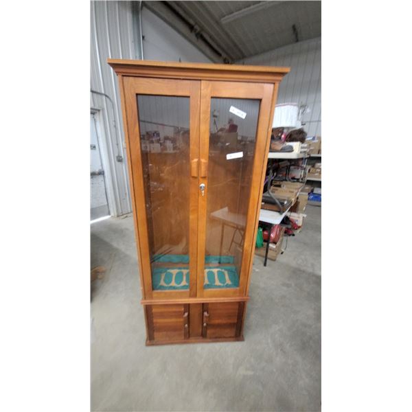 Wooden Gun Cabinet with Glass Doors, Lock and Key, and Lower Storage Compartment 72 x 32 x 17"