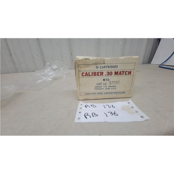 Lake City M72 Match .30 Caliber Cartridges, 173 Grain, 2640 F.P.S., Box of 20,.