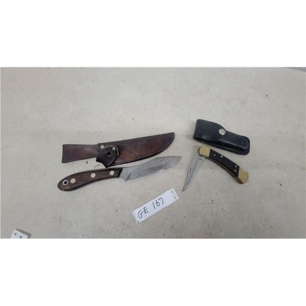 Grohmann D.H. Russell Original Belt Knife with Leather Sheath 10" and Lockback Buck Folding Knife