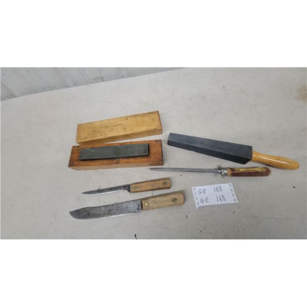 Vintage Fixed-Blade Butcher Knives, Sharpening Stone in Wooden Case, Steel, and More