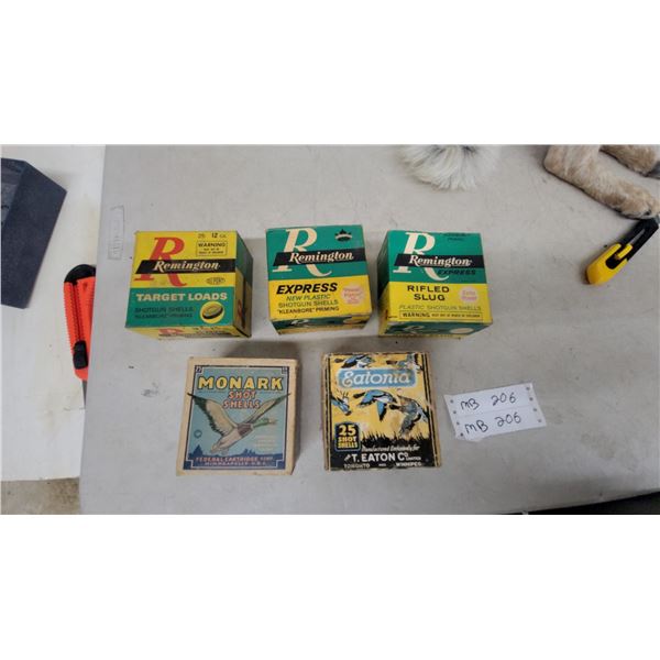 Vintage Monark, Eatonia, and Remington 12 Gauge Shotgun Shell Boxes, Target, Express and More No