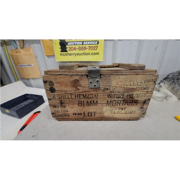 Vintage 1953 U.S. Military Wooden Ammunition Crate for 4 81mm M43A1 HE Mortar Shells 18 x 10 x 10"