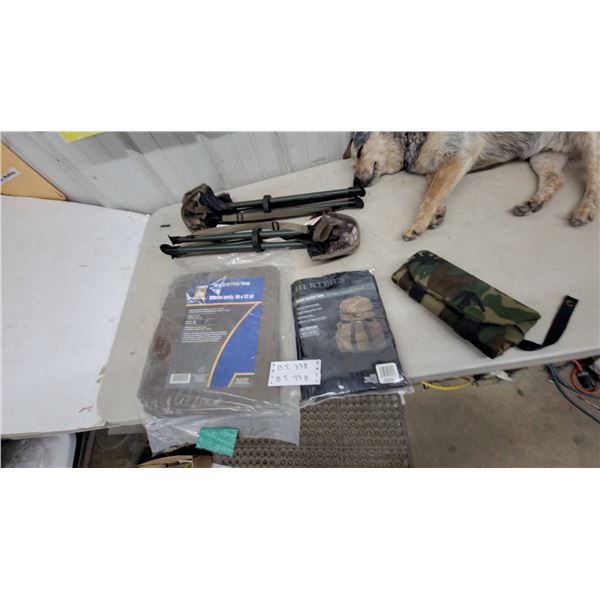 Power Fist 10' × 12' Poly Tarp, Hunter's Decoy Bag, and Camo Blind Seats