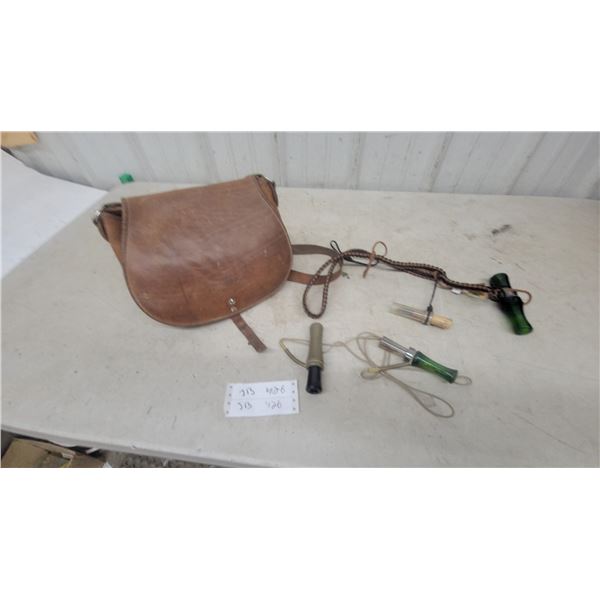 Vintage Leather Game Bag with Duck and Goose Calls on Braided Paracord Lanyard
